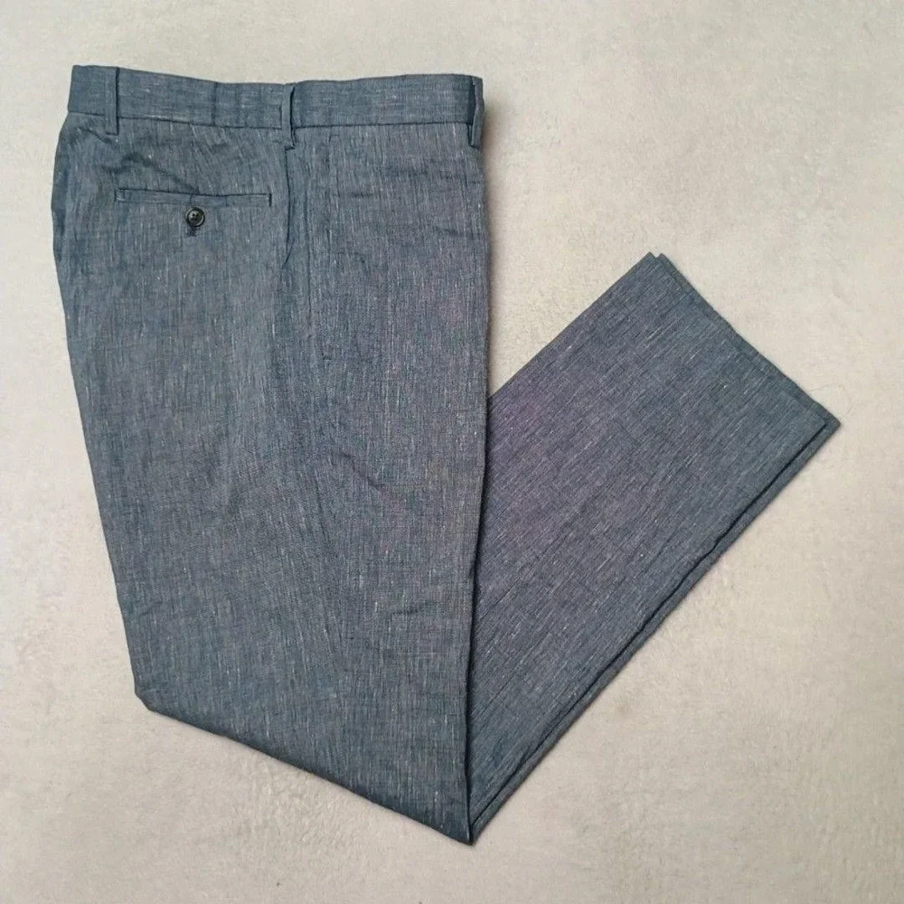 Banana Republic Pants Mens 32x30 Blue Chambray Linen Blend Dress Flat Front Work
